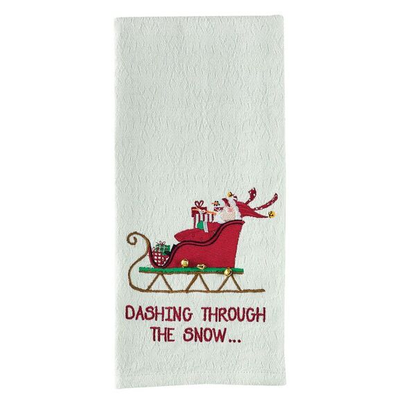 Dashing Through The Snow Santas Sleigh Embroidered Kitchen Dish Towel - Picture 2 of 6